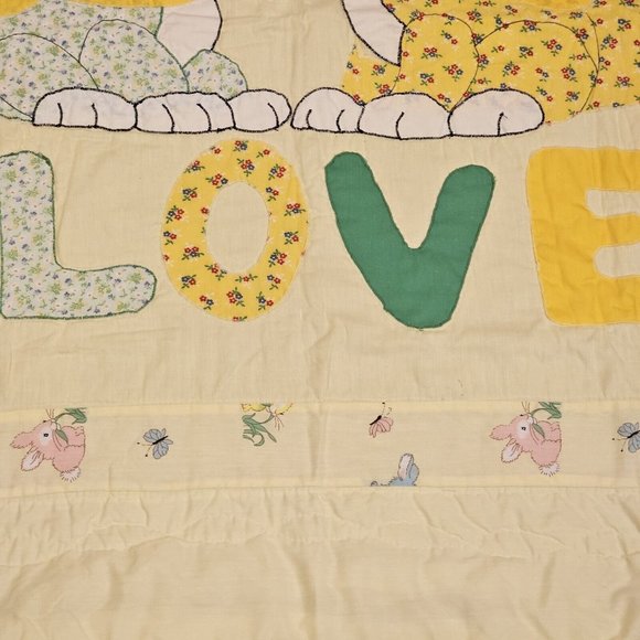 70s Retro Kitschy Dog Cat Yellow Baby Quilt Blanket Bunny Butterfly Ruffle Trim - Picture 9 of 11